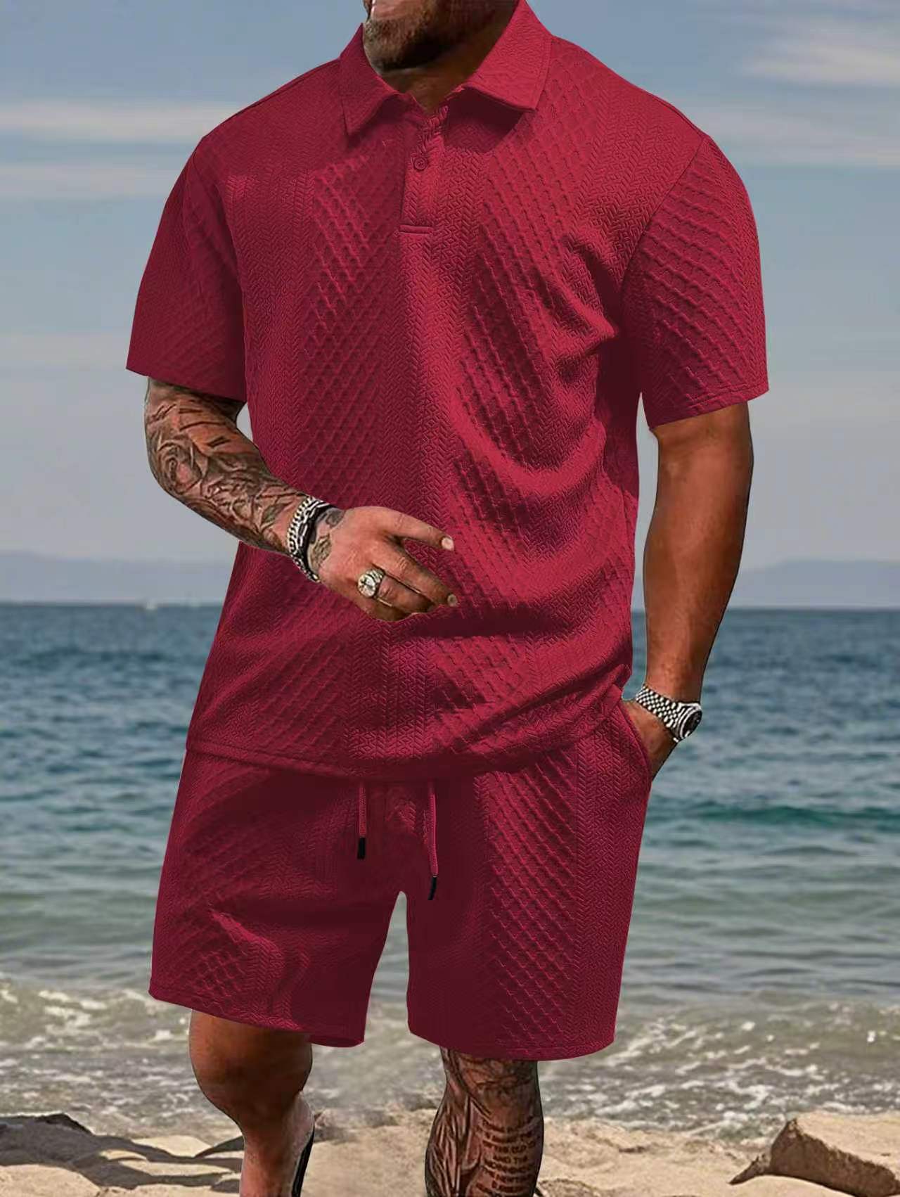 KZZ Men's Solid Polo Shirt & Drawstring Waist Shorts Set
