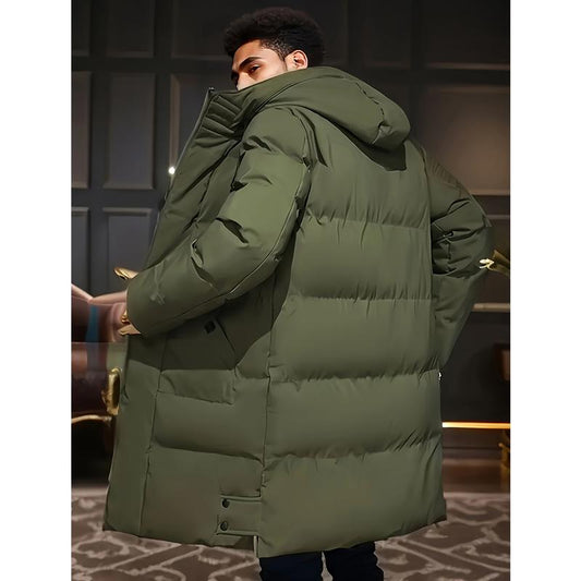 KZZ Men's Thick Winter Warm Coat Plus Size Cold Weather Jacket with Hood Long Sleeve Front Button Design