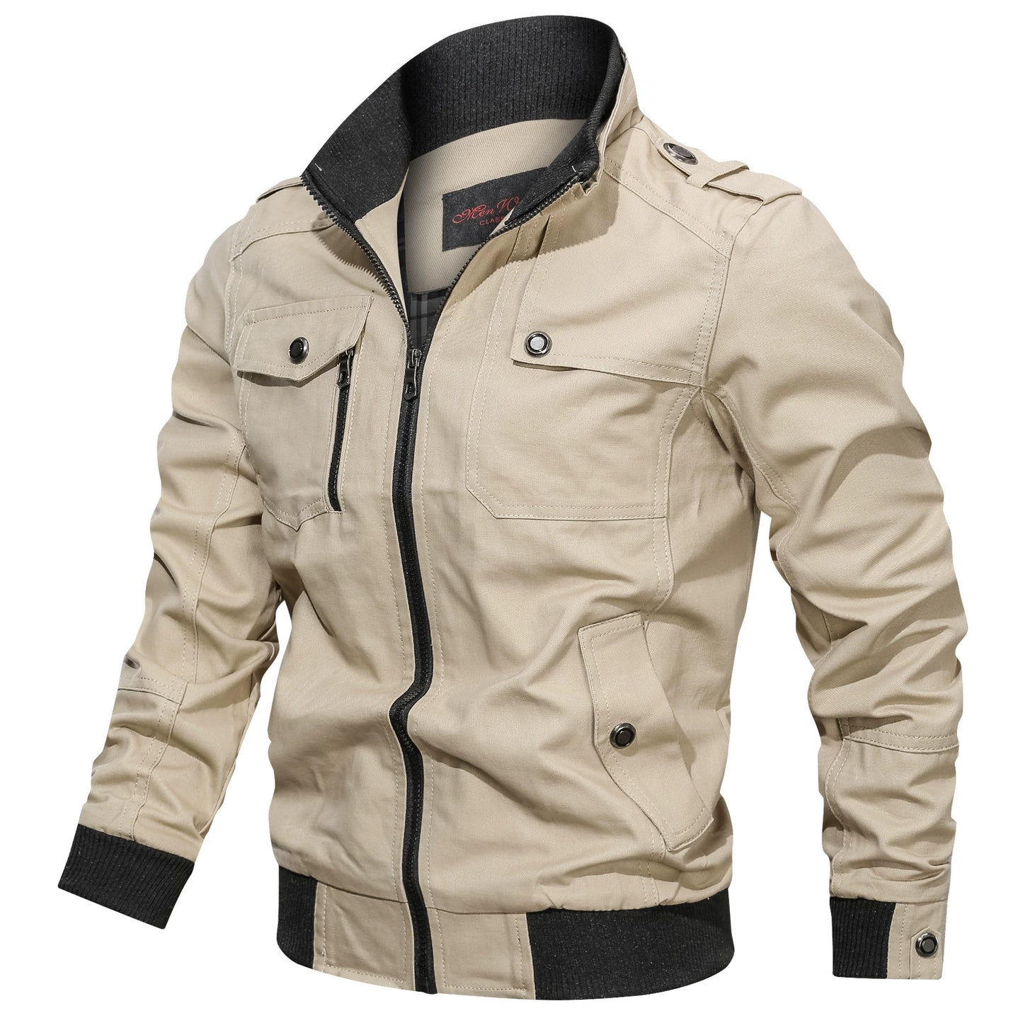 KZZ Men's Pocket Stand Collar Zipper Jacket, Casual Long Sleeve Jacket