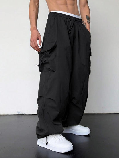 KZZ Loose Solid Pocket Drawstring Waist Overalls
