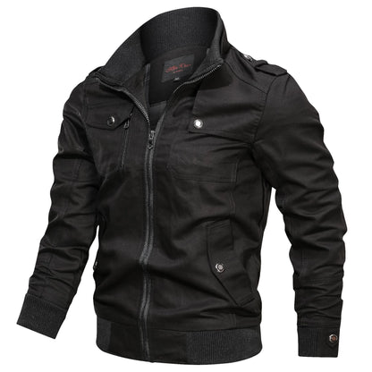 KZZ Men's Pocket Stand Collar Zipper Jacket, Casual Long Sleeve Jacket