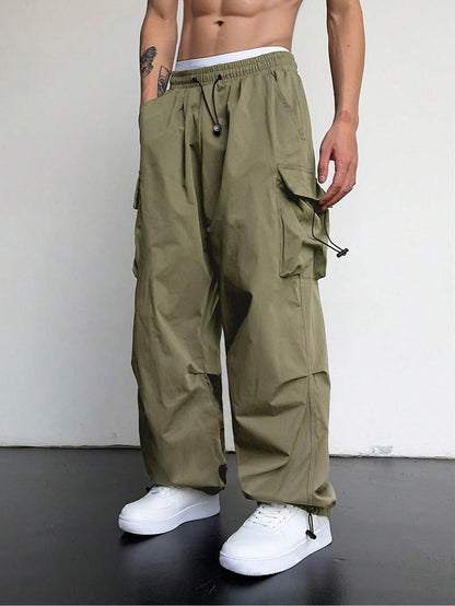 KZZ Loose Solid Pocket Drawstring Waist Overalls