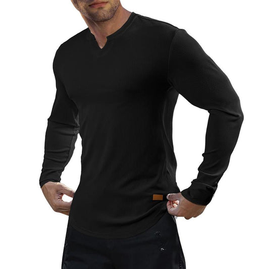 KZZ Men's Solid Casual Shirt Slim Fit T-Shirt, V-Neck Long Ribbed T-Shirt