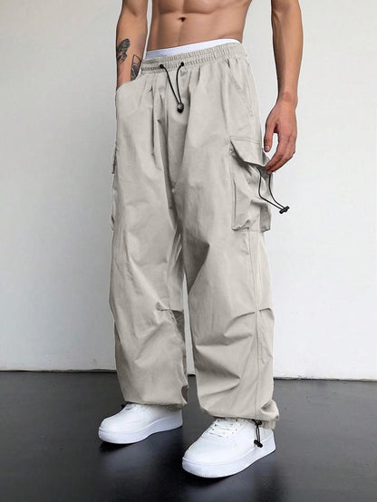 KZZ Loose Solid Pocket Drawstring Waist Overalls