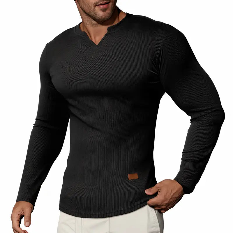 KZZ Men's Solid Casual Shirt Slim Fit T-Shirt, V-Neck Long Ribbed T-Shirt