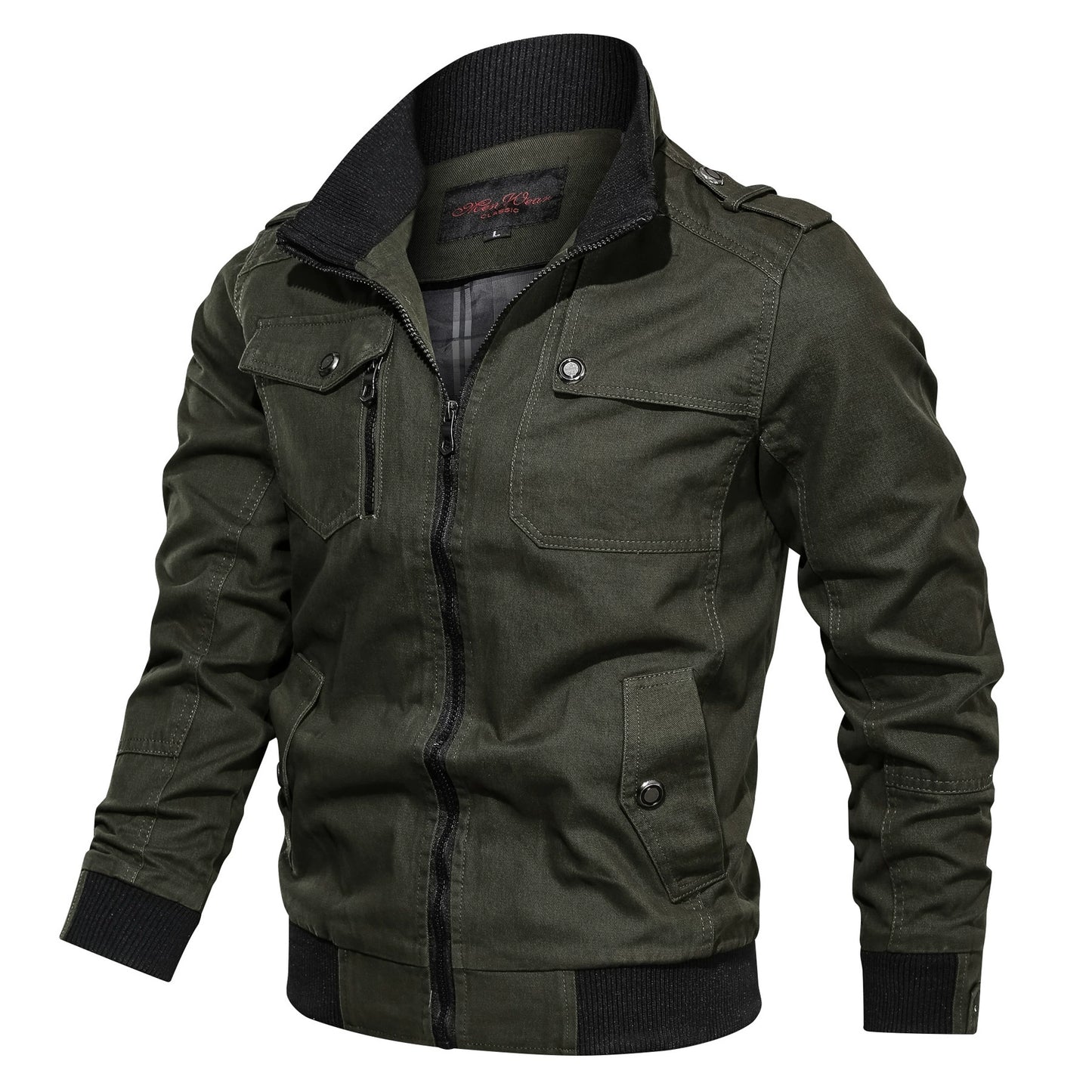 KZZ Men's Pocket Stand Collar Zipper Jacket, Casual Long Sleeve Jacket
