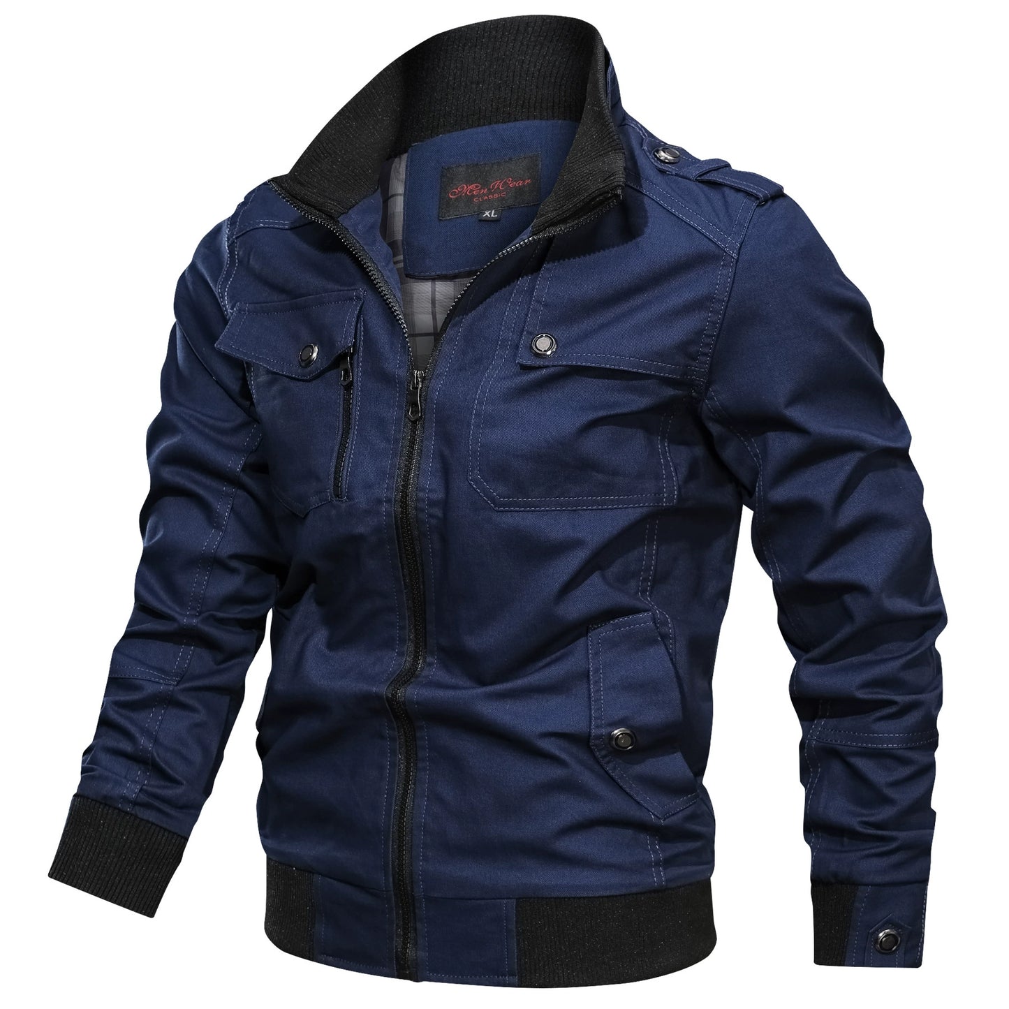KZZ Men's Pocket Stand Collar Zipper Jacket, Casual Long Sleeve Jacket