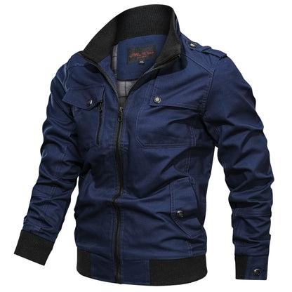 KZZ Men's Pocket Stand Collar Zipper Jacket, Casual Long Sleeve Jacket