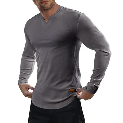 KZZ Men's Solid Casual Shirt Slim Fit T-Shirt, V-Neck Long Ribbed T-Shirt