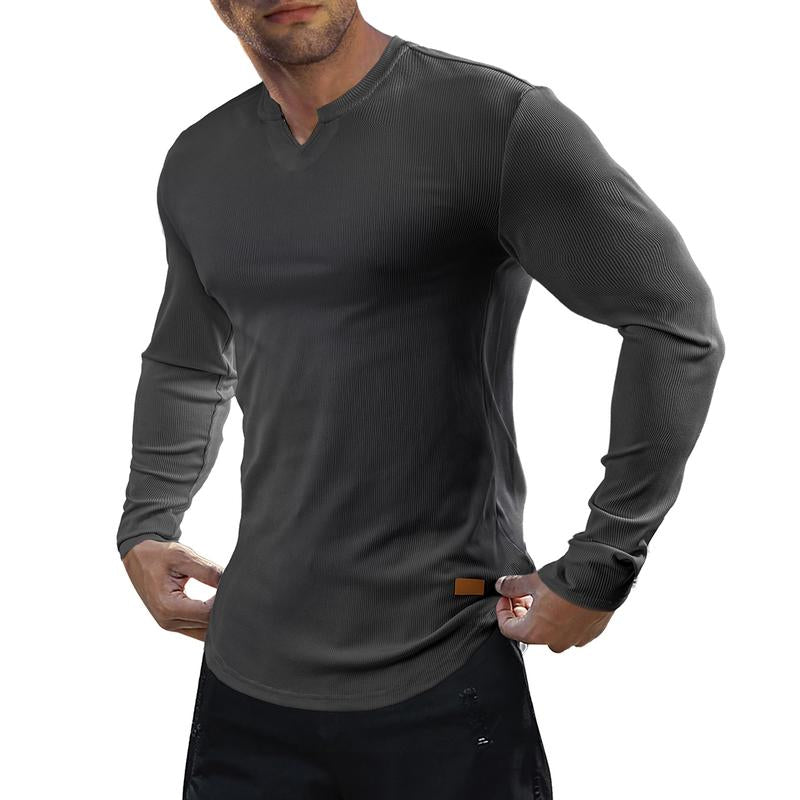 KZZ Men's Solid Casual Shirt Slim Fit T-Shirt, V-Neck Long Ribbed T-Shirt
