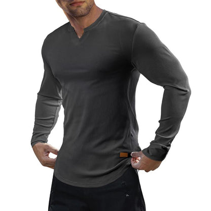 KZZ Men's Solid Casual Shirt Slim Fit T-Shirt, V-Neck Long Ribbed T-Shirt