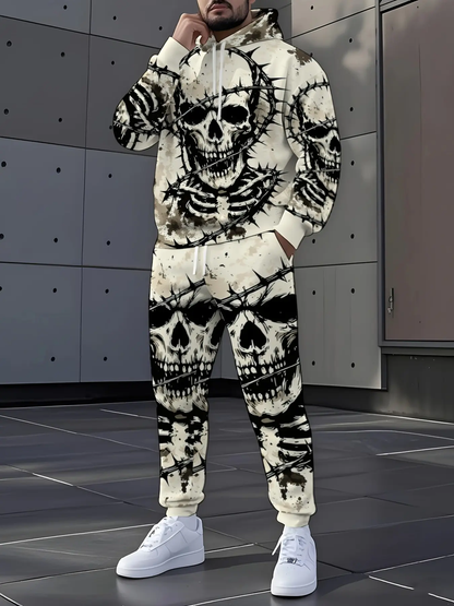 KZZ Men's Halloween Skull Print Hoodie and Pants Set
