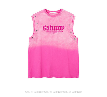 KZZ Men's American Retro-Style Sleeveless Tank Top with Gradient Letter Print