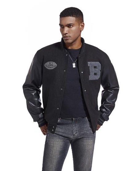 KZZ Men's Letter Patched Pocket Button Front Varsity Jacket