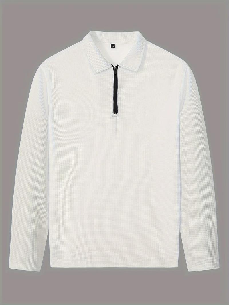 KZZ Men's solid color checkered casual suit, including long sleeved collar shirt and drawstring pants