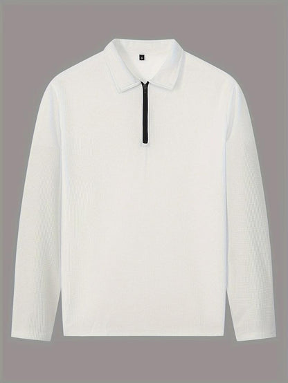 KZZ Men's solid color checkered casual suit, including long sleeved collar shirt and drawstring pants