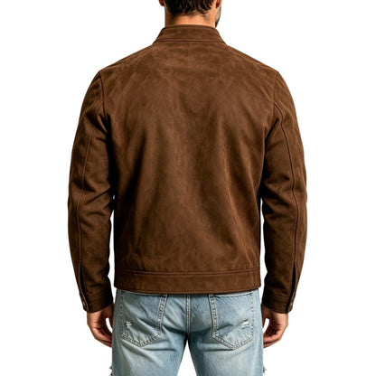 KZZ Suede stand-up collar motorcycle jacket for men, multi-zipper casual style