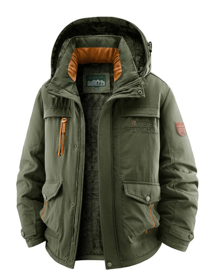 KZZ Men's winter fleece-lined hooded windbreaker