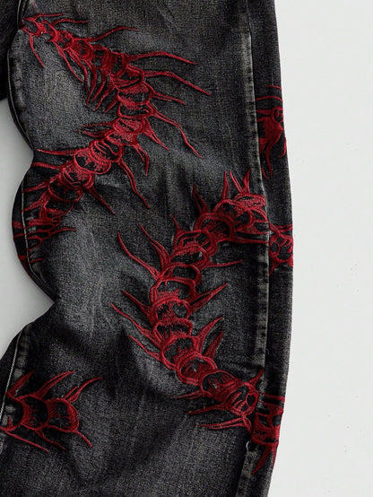 KZZ American Retro 3D Bone Embroidery Washed Jeans