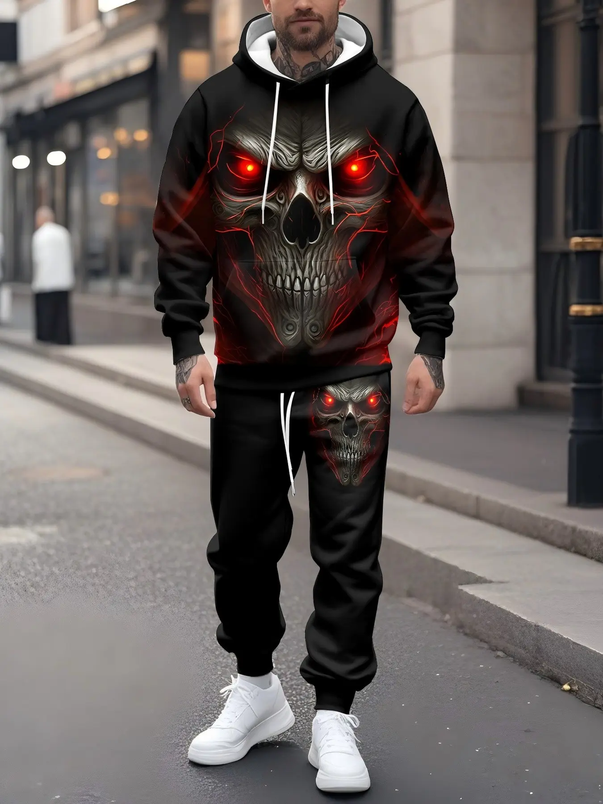 KZZ Men's Halloween Skull Print Hoodie and Pants Set