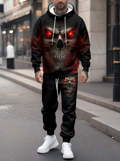 KZZ Men's Halloween Skull Print Hoodie and Pants Set