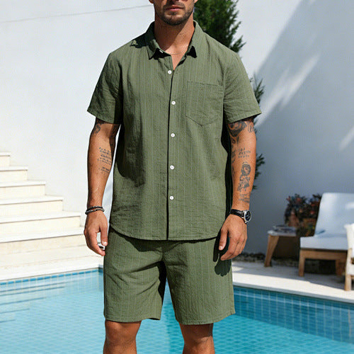KZZ Men's Summer Striped Linen Shirt and Straight-Leg Shorts Set