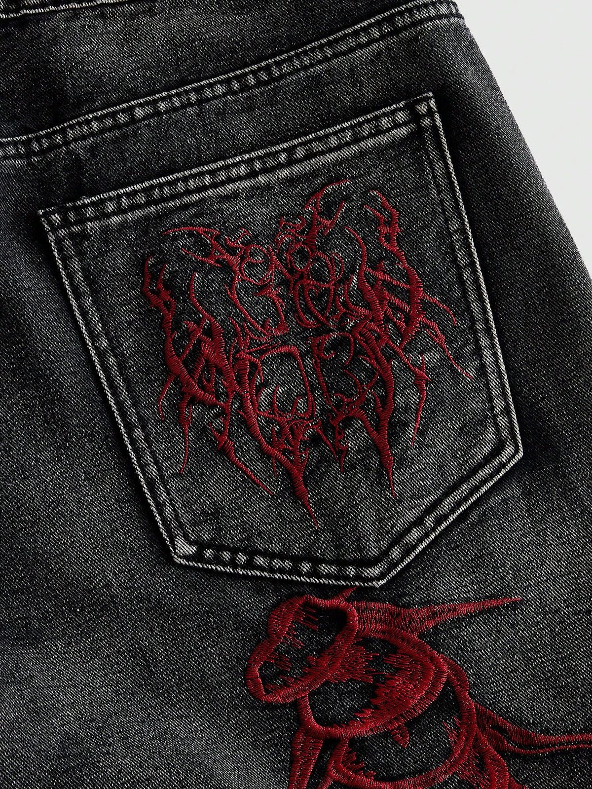 KZZ American Retro 3D Bone Embroidery Washed Jeans