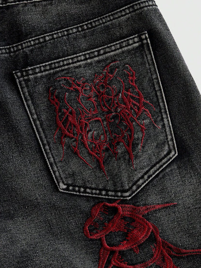 KZZ American Retro 3D Bone Embroidery Washed Jeans