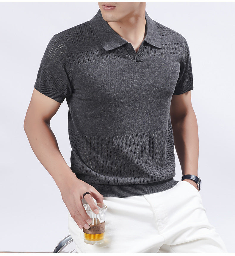 KZZ Summer Solid-Color V-Neck Short-Sleeve Polo Shirt