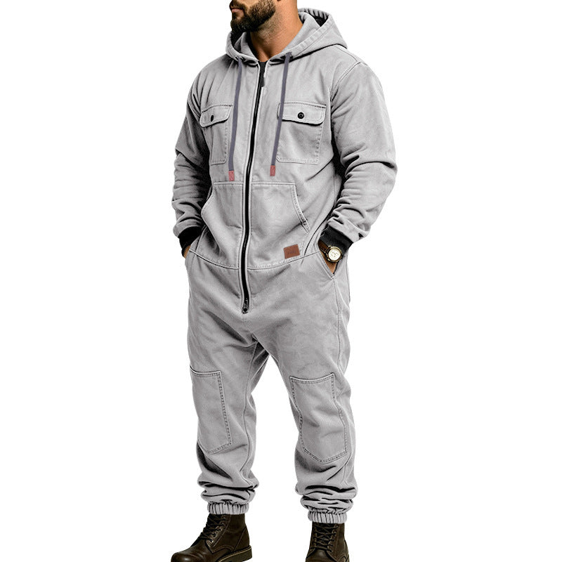 KZZ Men's Hooded Workwear Casual Street Style Jumpsuit
