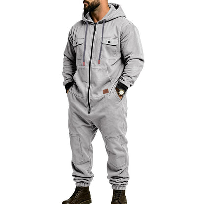 KZZ Men's Hooded Workwear Casual Street Style Jumpsuit