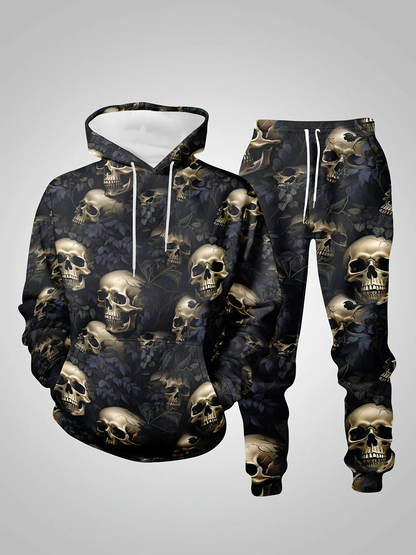 KZZ Men's Halloween Skull Print Hoodie and Pants Set