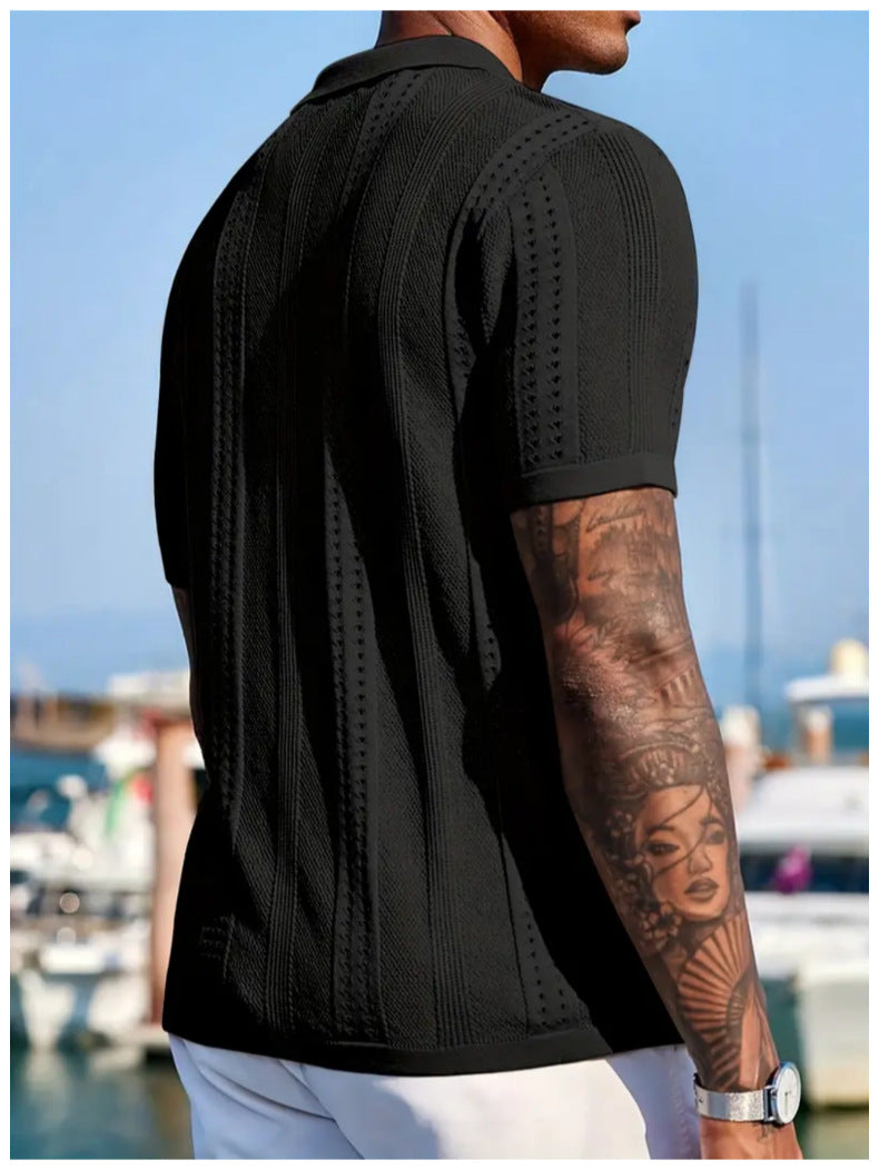 KZZ Men's solid color lapel hollowed-out breathable short-sleeved top