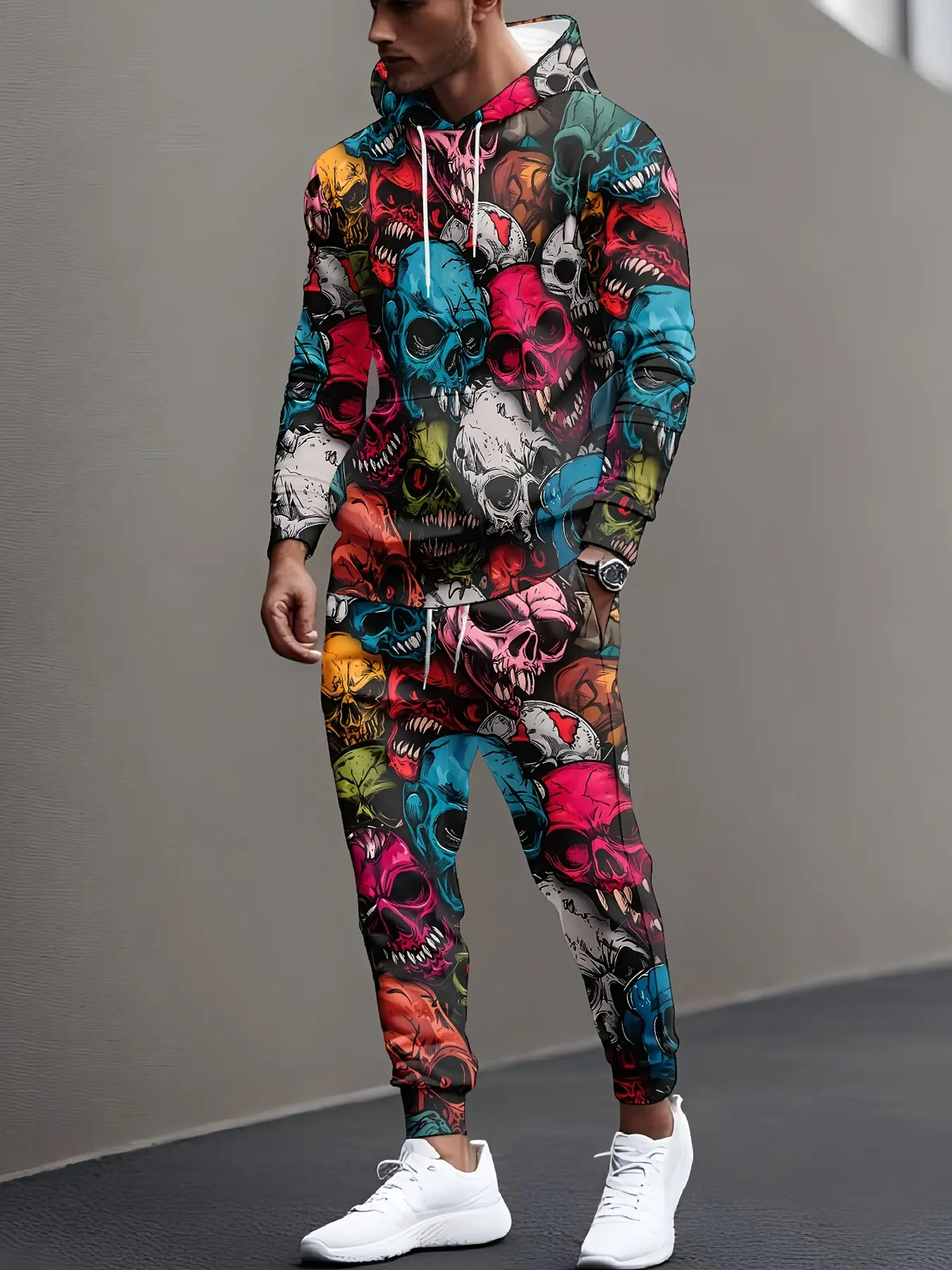 KZZ Men's Halloween Skull Print Hoodie and Pants Set