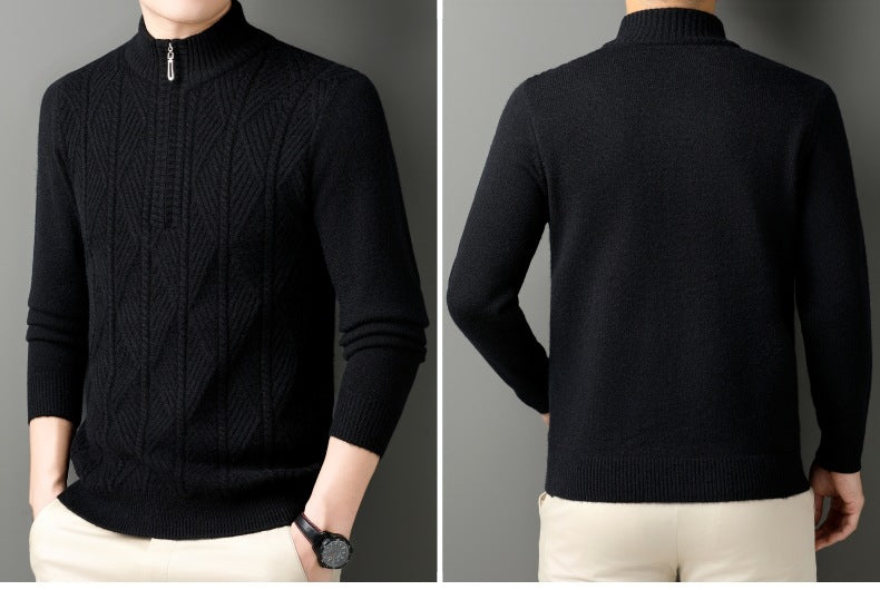 KZZ Men's solid color quarter-zip stand collar knit long-sleeved top