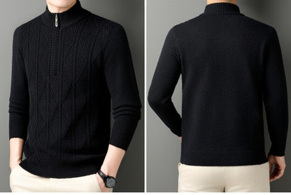 KZZ Men's solid color quarter-zip stand collar knit long-sleeved top