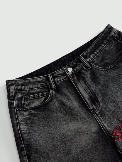 KZZ American Retro 3D Bone Embroidery Washed Jeans