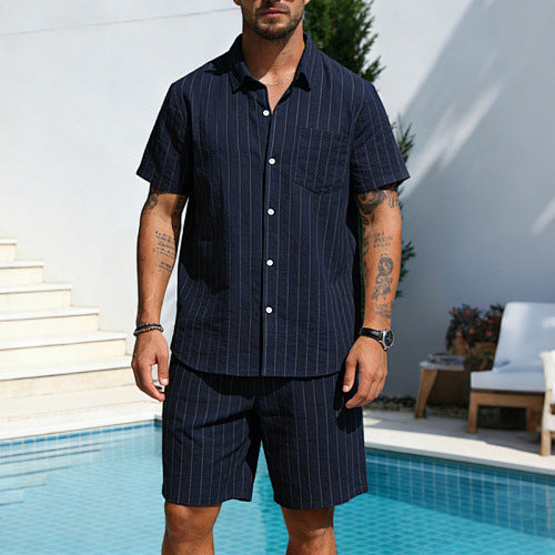 KZZ Men's Summer Striped Linen Shirt and Straight-Leg Shorts Set
