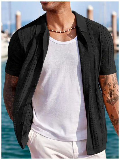 KZZ Men's solid color lapel hollowed-out breathable short-sleeved top
