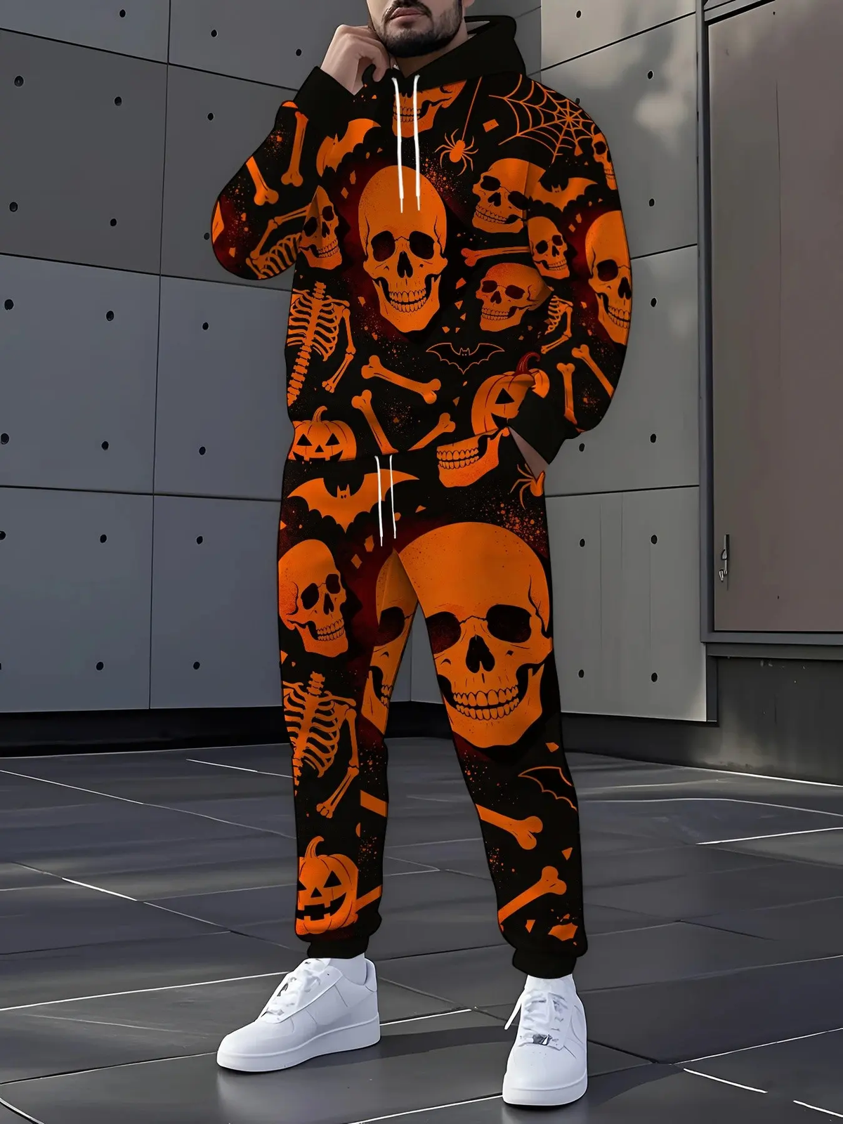 KZZ Men's Halloween Skull Print Hoodie and Pants Set