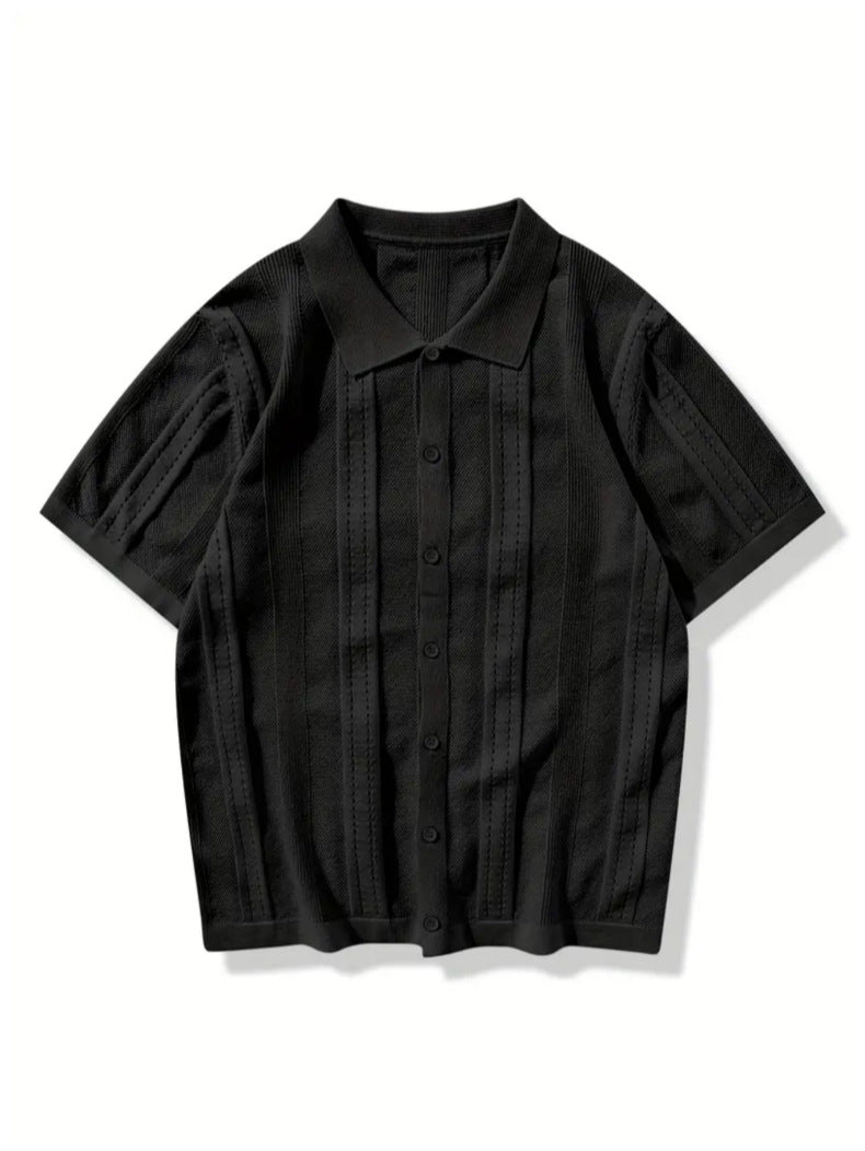 KZZ Men's solid color lapel hollowed-out breathable short-sleeved top