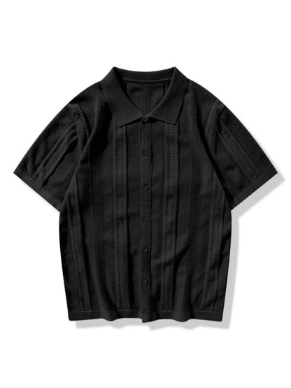 KZZ Men's solid color lapel hollowed-out breathable short-sleeved top