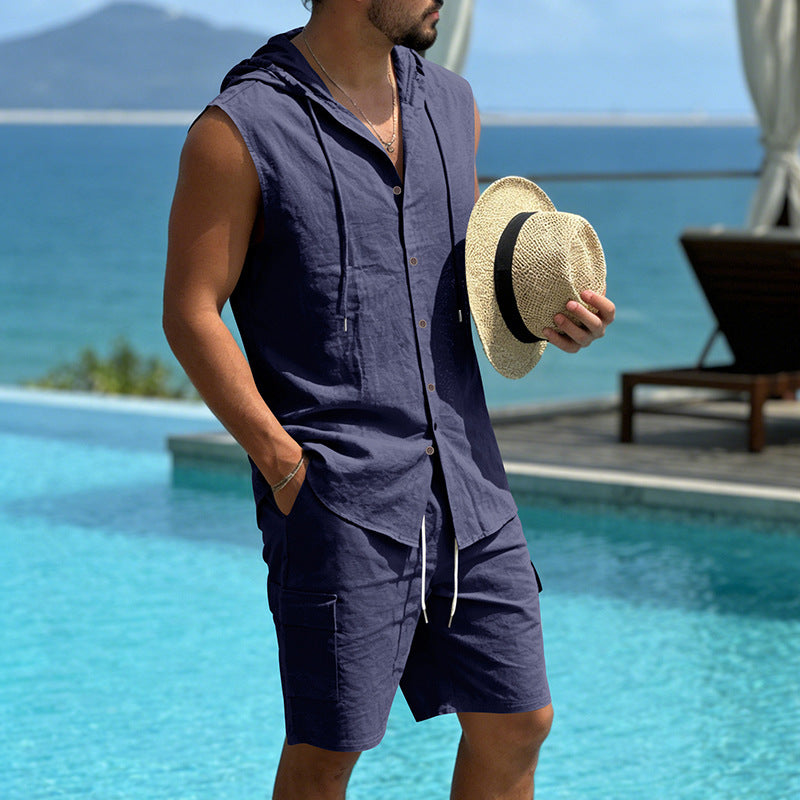 KZZ Loose-Fit, Breathable Linen Summer Set: Hooded Sleeveless Shirt & Cargo Shorts
