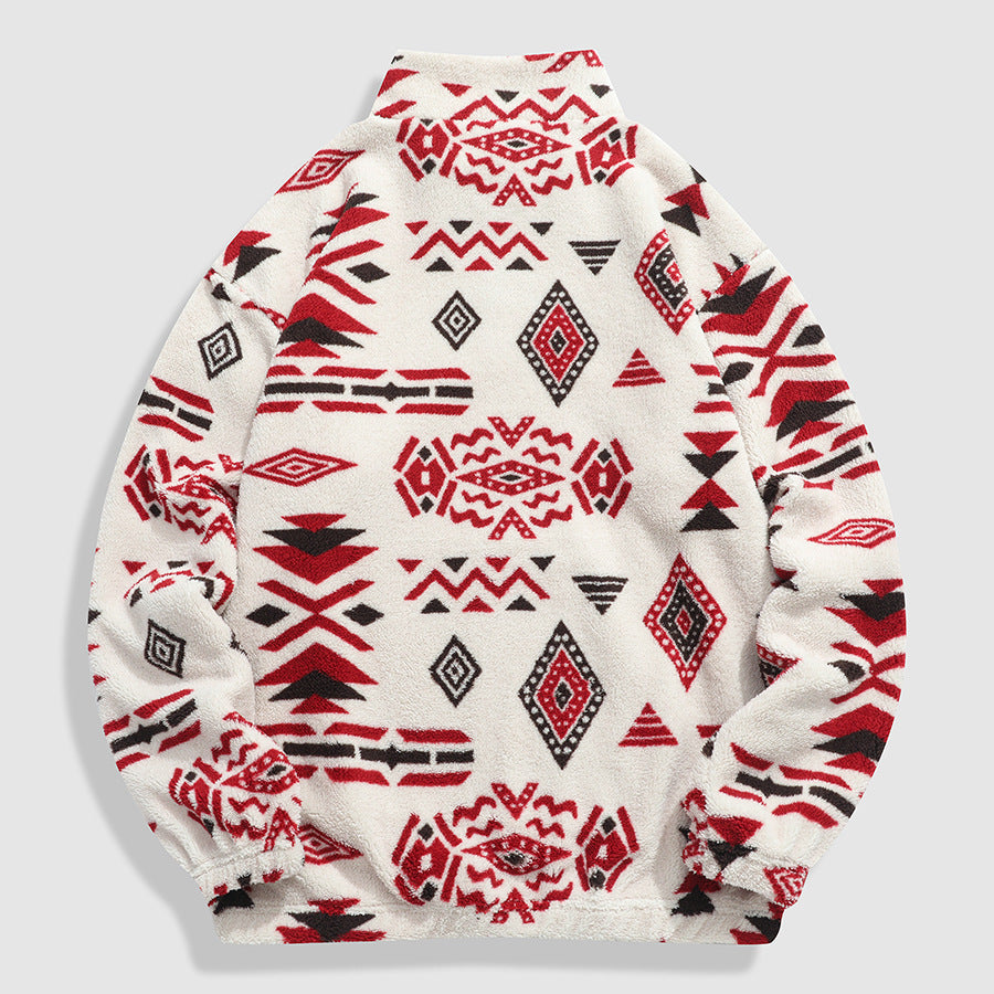KZZ Men's Ethnic Pattern Drop Shoulder Zipper Sweatshirt