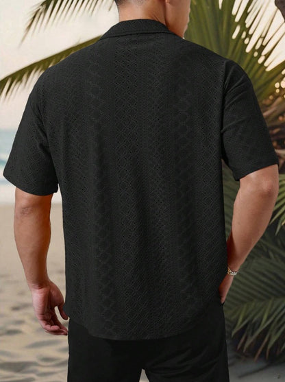 KZZ Men's short-sleeved versatile shirt with openwork jacquard pattern