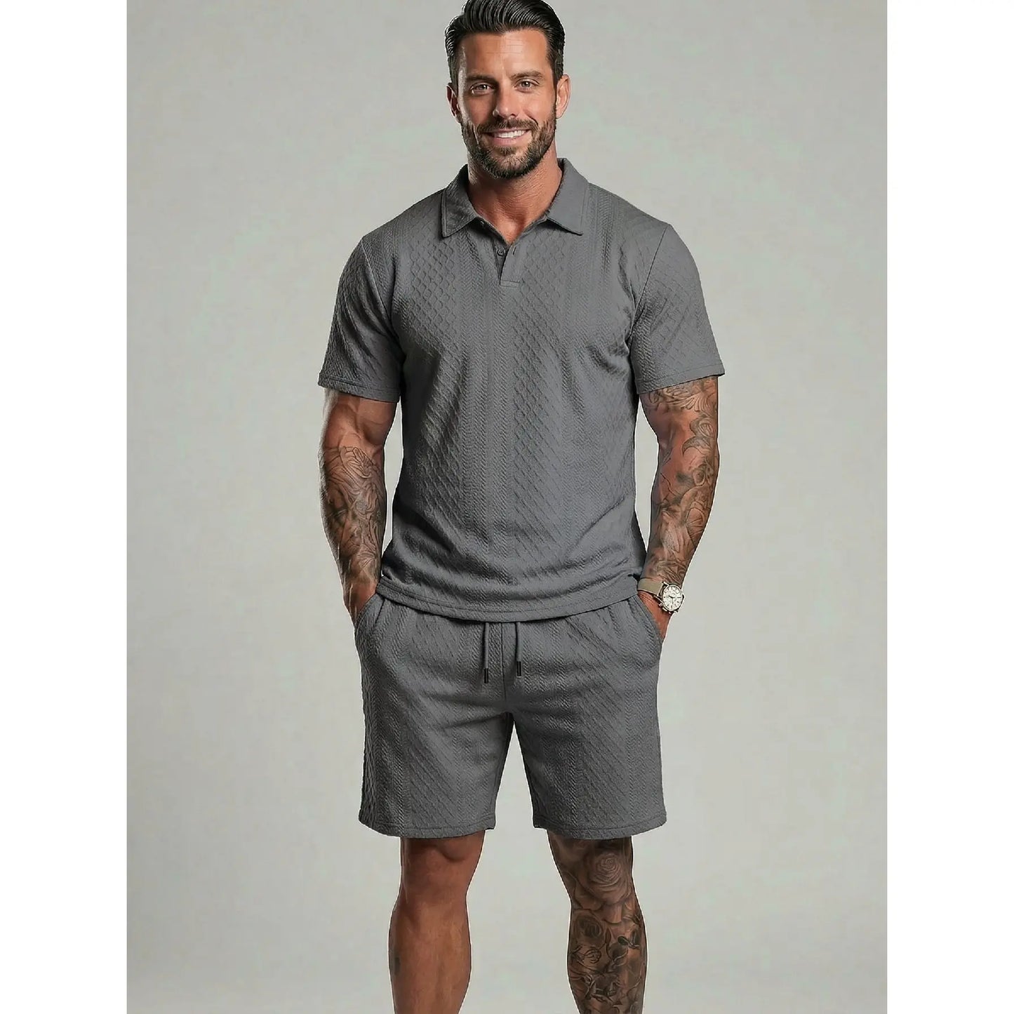KZZ Men's Solid Polo Shirt & Drawstring Waist Shorts Set