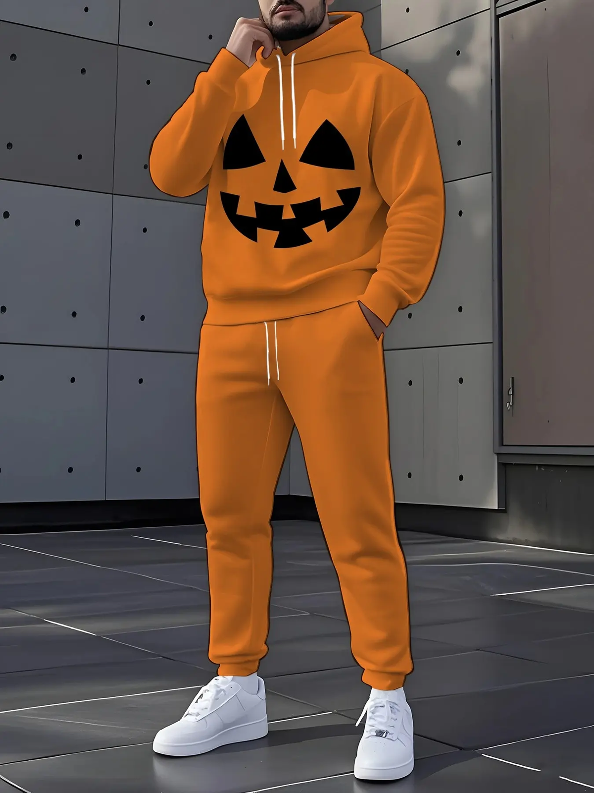 KZZ Men's Halloween Skull Print Hoodie and Pants Set