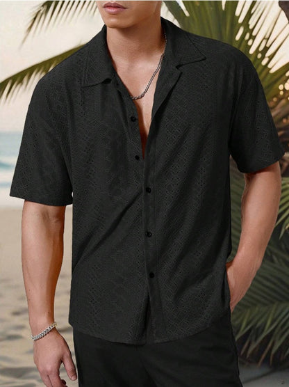 KZZ Men's short-sleeved versatile shirt with openwork jacquard pattern