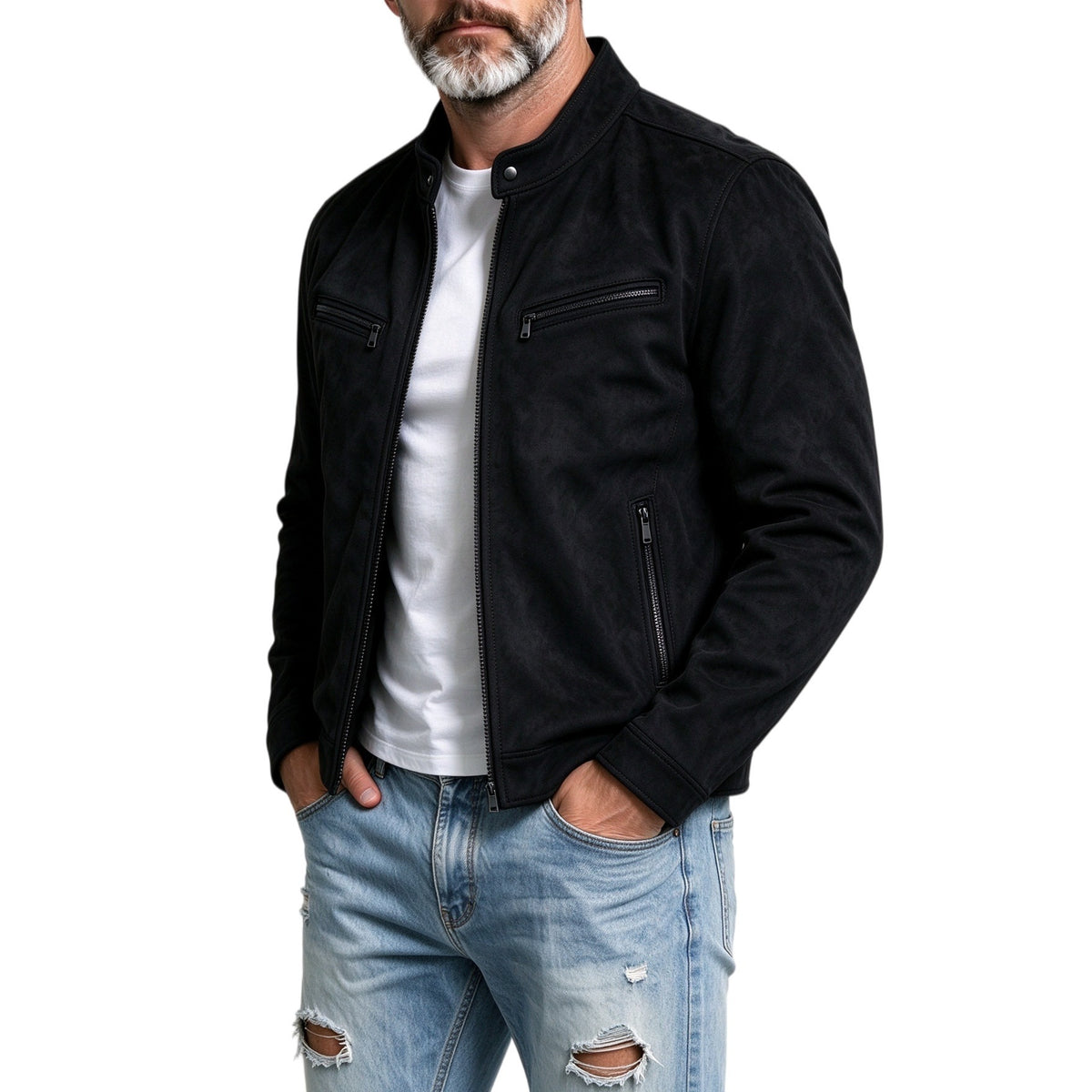 KZZ Suede stand-up collar motorcycle jacket for men, multi-zipper casual style