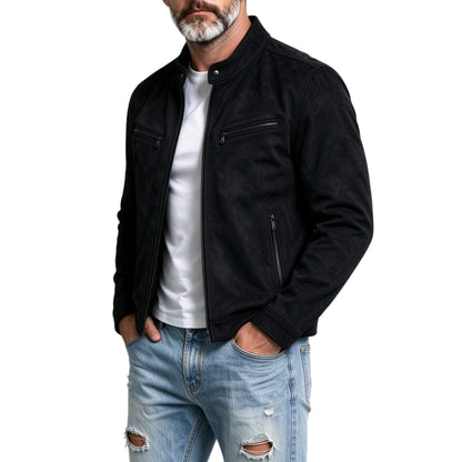 KZZ Suede stand-up collar motorcycle jacket for men, multi-zipper casual style
